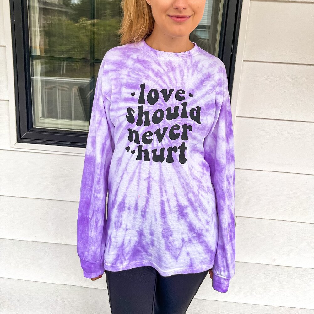Adult Small Love Should Never Hurt Purple Spiral Tie-Dye Long Sleeve Shirt